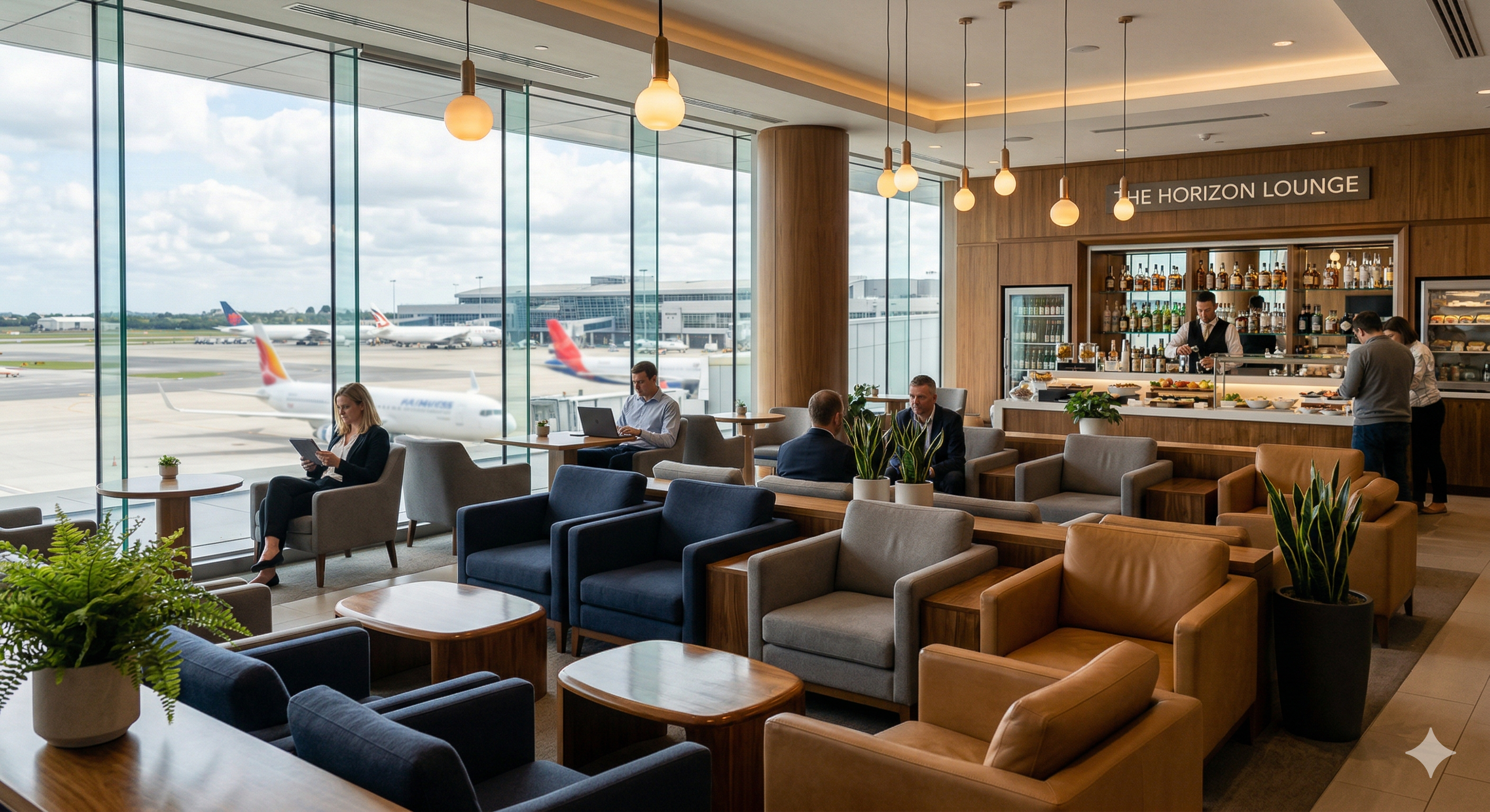 Traveler in an airport lounge at dusk